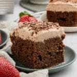 Chocolate tres leches cake on a plate.