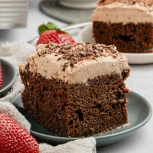 Chocolate tres leches cake on a plate.