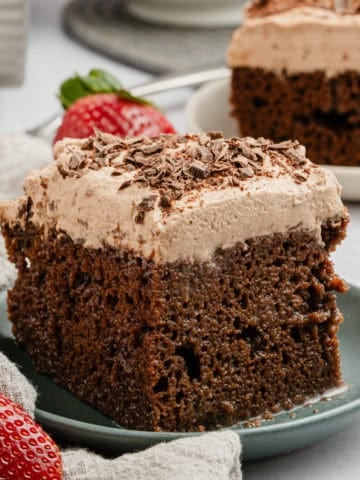Chocolate tres leches cake on a plate.