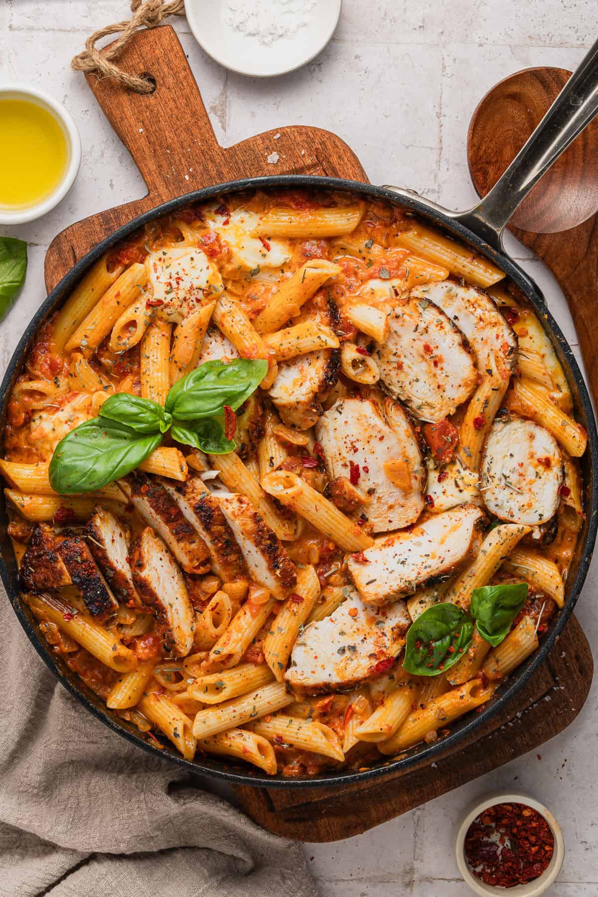 The completed penne alla vodka with chicken recipe completed in the skillet.