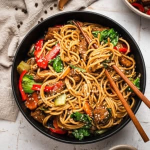 Instant pot lo mein noodles made with sliced pork tenderloin and vegetables.