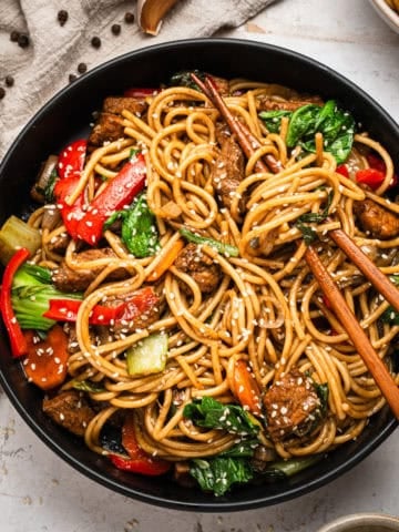 Instant pot lo mein noodles made with sliced pork tenderloin and vegetables.