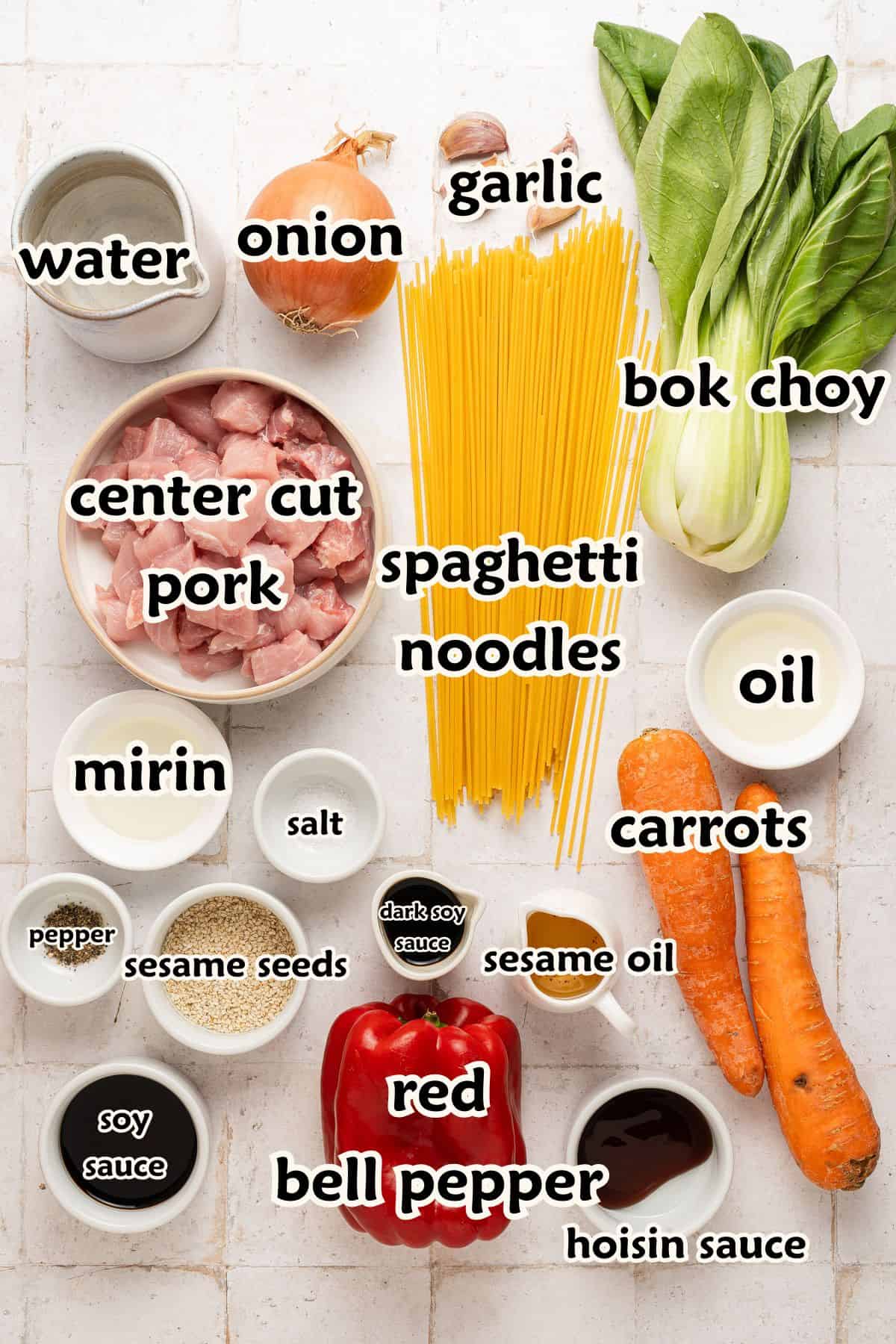 Ingredients to make instant pot lo mein with pork and vegetables.