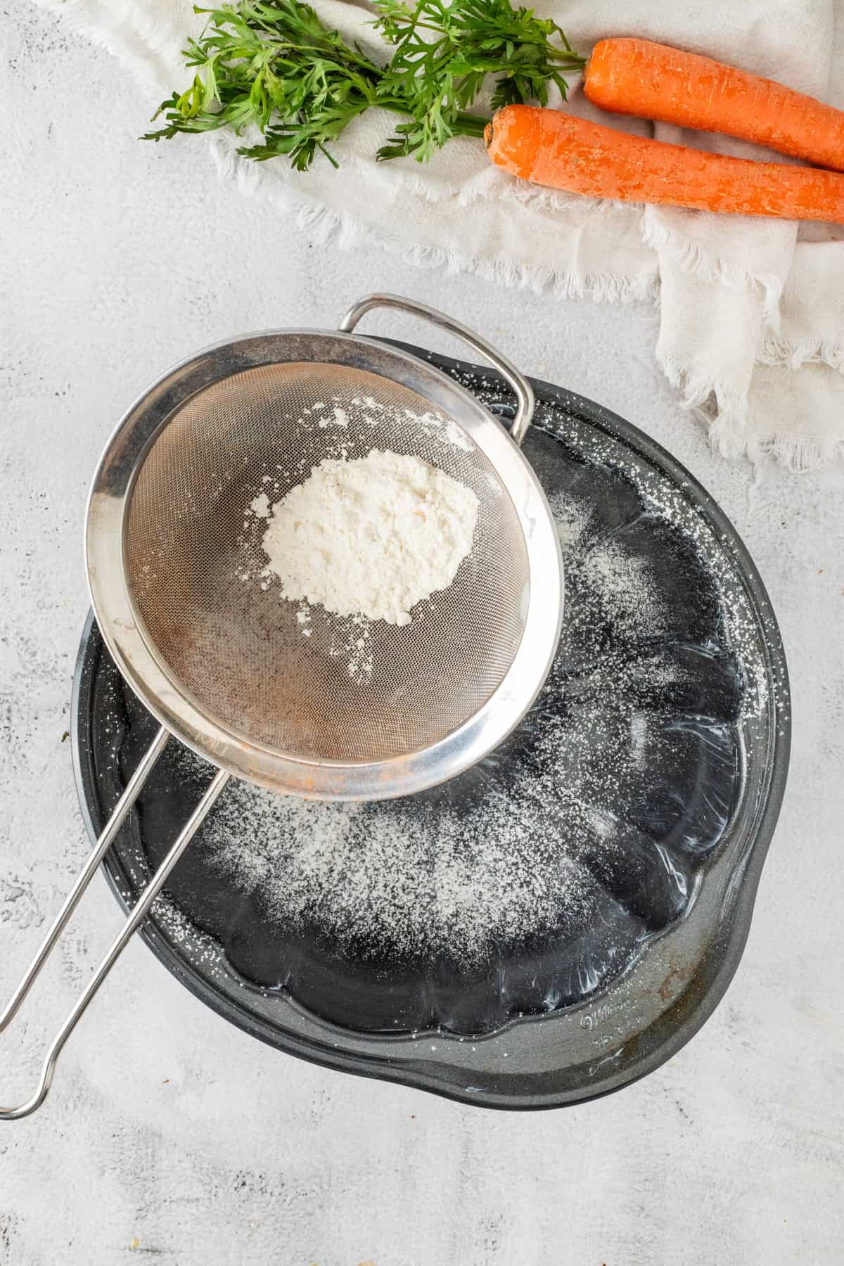 Grease and flour a bundt pan.