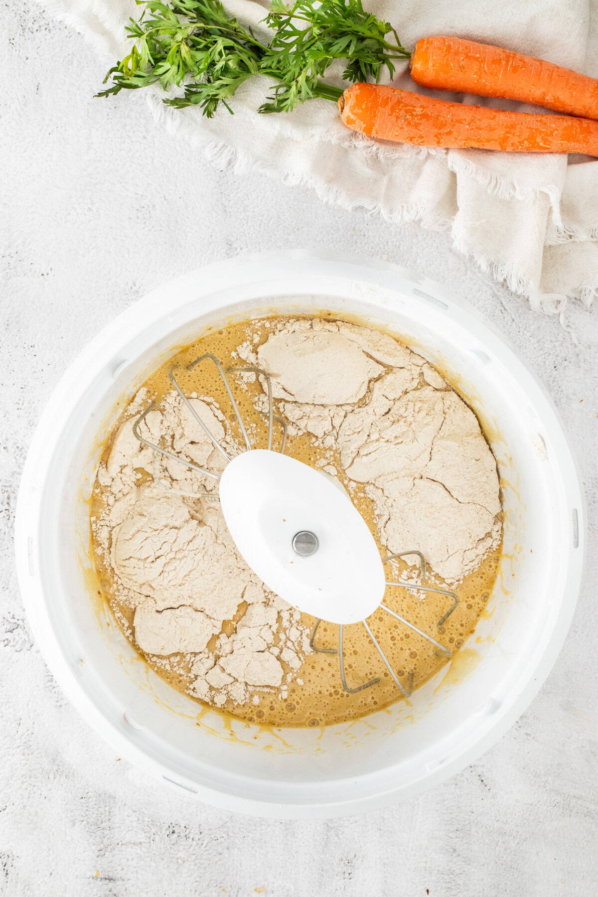 Combine wet and dry ingredients to mix.