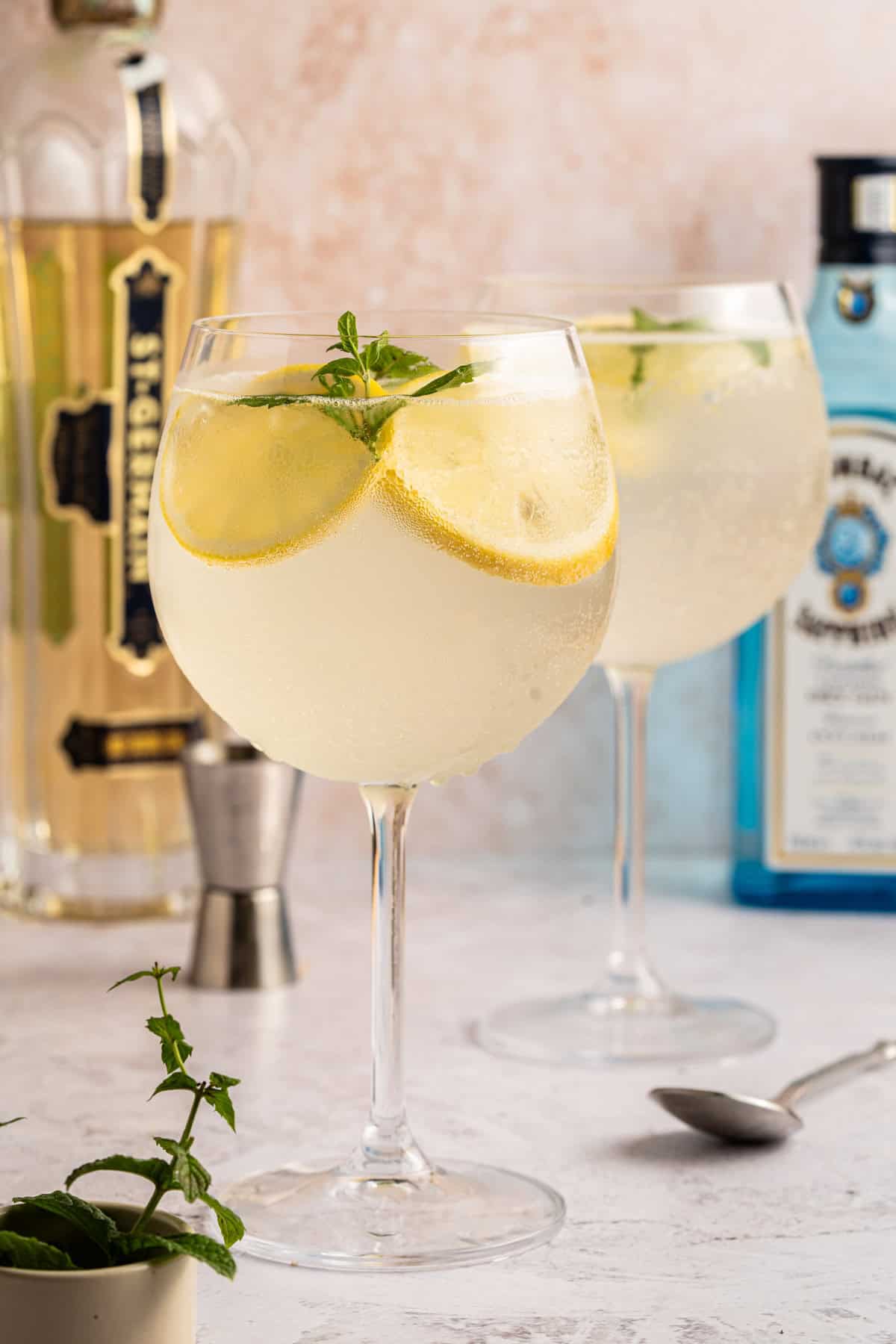 Mixed drinks with garnishes.
